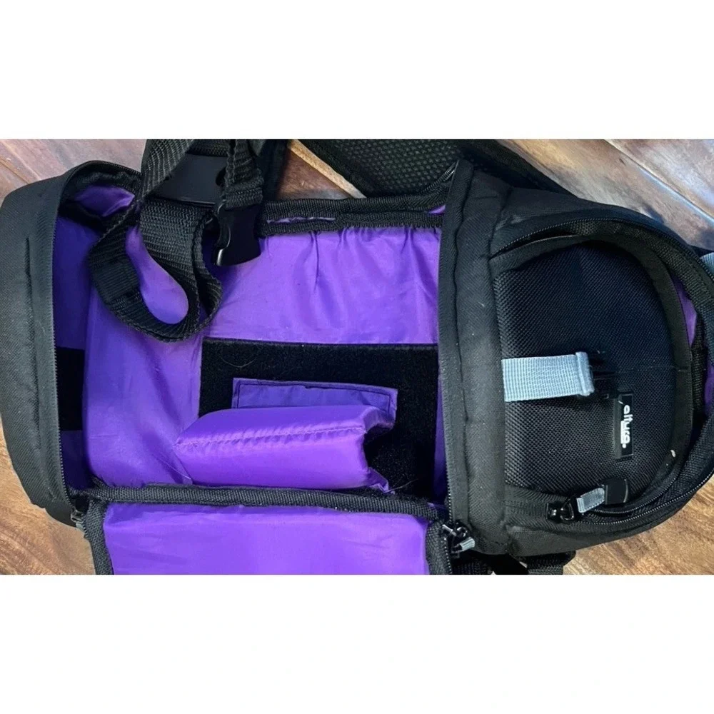 Black Alturo Slingshot Bag- Padded Two Compartments‎ Adjustable Inserts Purple